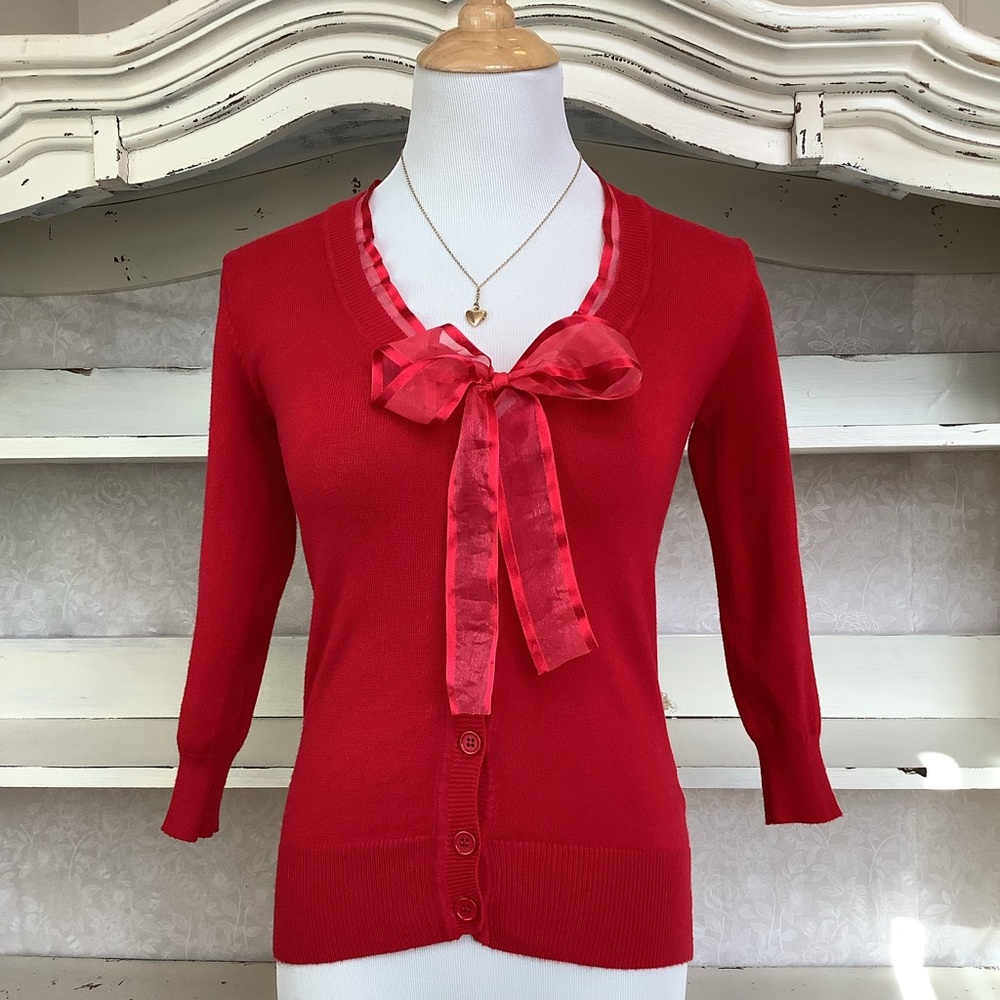 Cherry Red Cardigan with Ribbon Detail